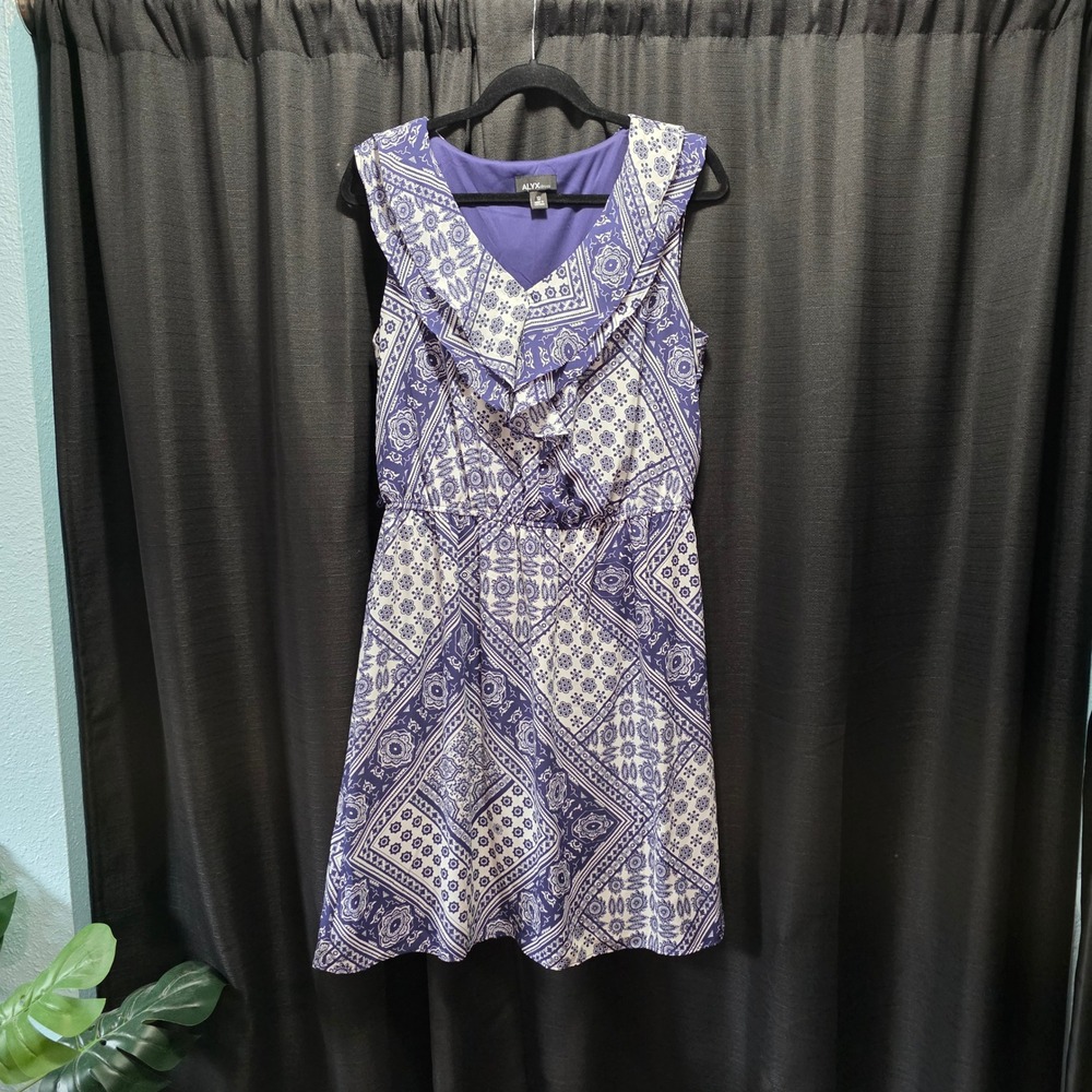 ALYX Blue White Bandana Print Ruffle V-Neck Sleeveless Dress SZ 12 Elastic Waist